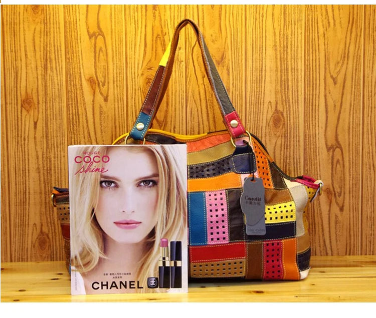 Patchwork Genuine Leather Shoulder Tote Bag for Women