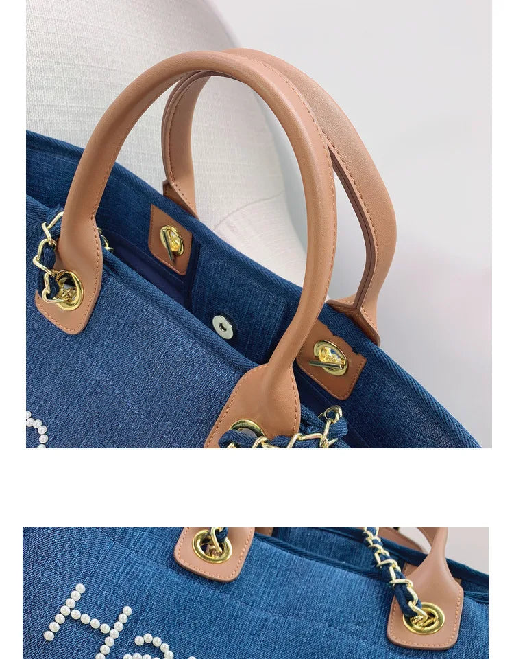 New Women Tote Bag Fashion Canvas Large Handbag Chains Genuine Leather Shoulder Bags Ladies Big Messenger Bag Shopping Bag