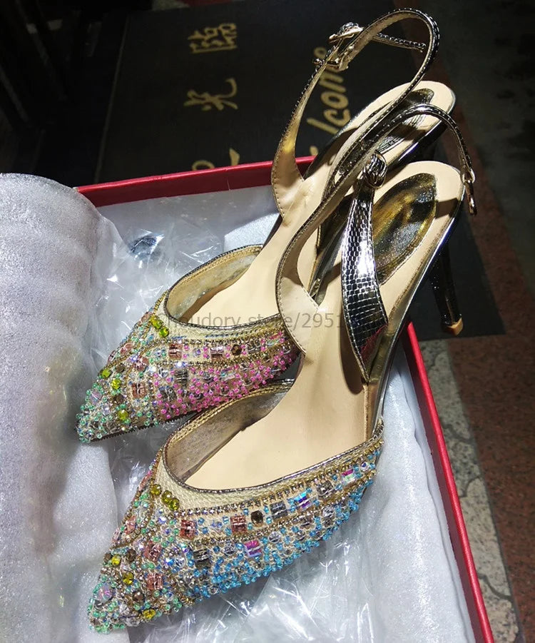 Elegant Sparkling Beaded Ankle Strap High Heel Wedding Pumps for Women