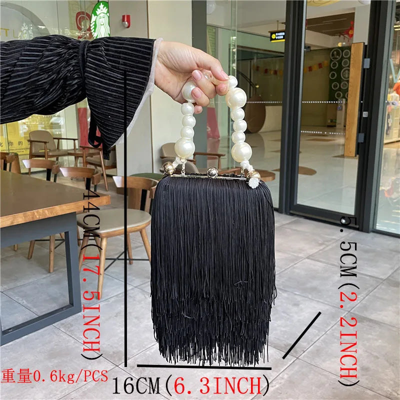 Top Metal Frame Shell Handbags Female Pearl strap Women Trend Shoulder Long Tassel Bags Ladies Daily Fringe Bags Hand Purse Bags