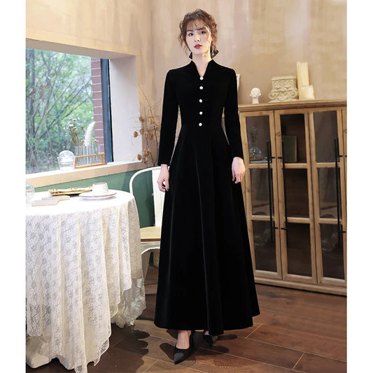 Customized Plue Size Black Velour Muslim Evening Gown V-Neck A-Line Floor Length Dress Long Sleeve Zipper Black Evening Dress