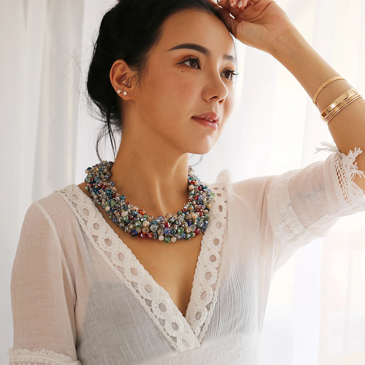 Double Layer Turquoise Bead Statement Necklace for Women