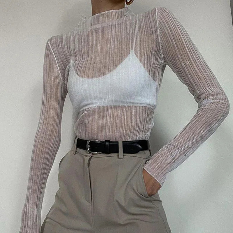 Cryptographic 2025 Fall Elegant See Through Long Sleeve Mock Neck Women Tops Fashion Streetwear Sexy T-Shirts Tees Slim Clothes
