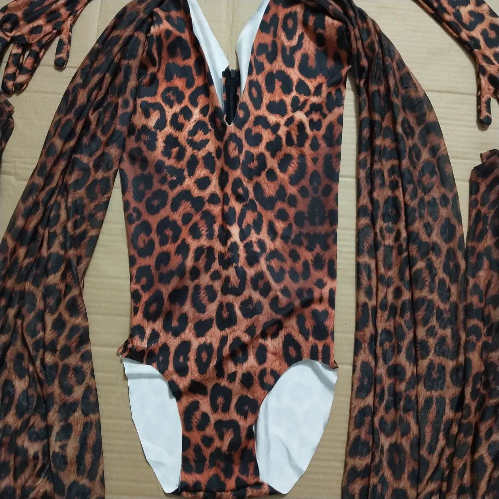 Leopard Print Stage Dance Bodysuit Costume for Women