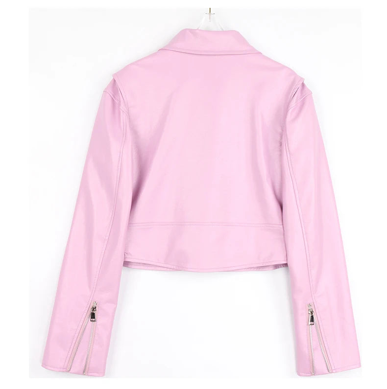 Faux Leather Short Biker Jacket with Zipper and Epaulets for Women