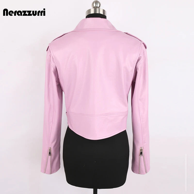 Faux Leather Short Biker Jacket with Zipper and Epaulets for Women
