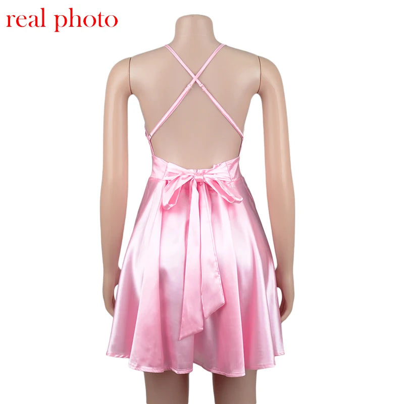 Cryptographic Satin Sexy Backless Sleeveless Party Night Club Wrap Mini Dresses Spaghetti Straps Elegant Dress Solid Vestidos