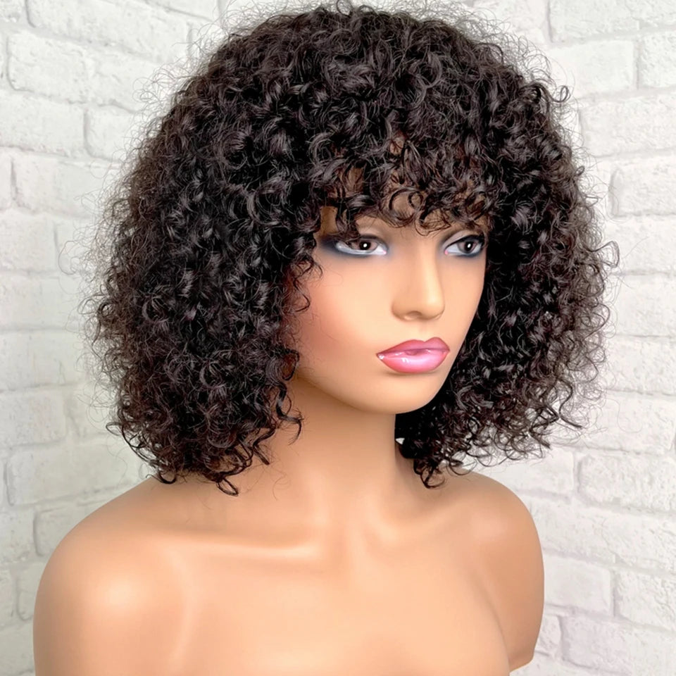 Short Ombre Curly Human Hair Bob Wig With Bangs for Women