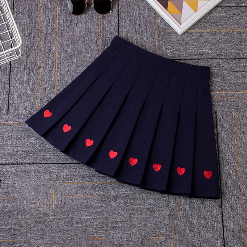 Black Heart Embroidery Pleated Mini Skirt Women Summer Girl High School Student Skirt Sweet High Waist Skirt Aline Saia Feminina