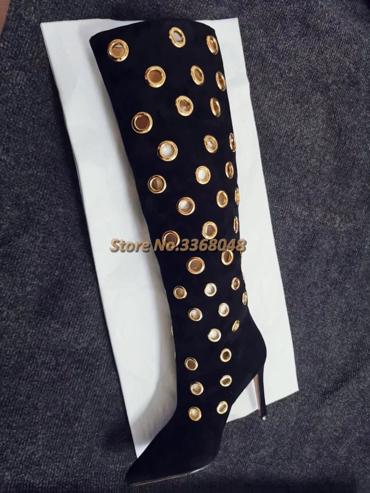 Suede Knee High with Metal Hollow Detailing Boots for Women