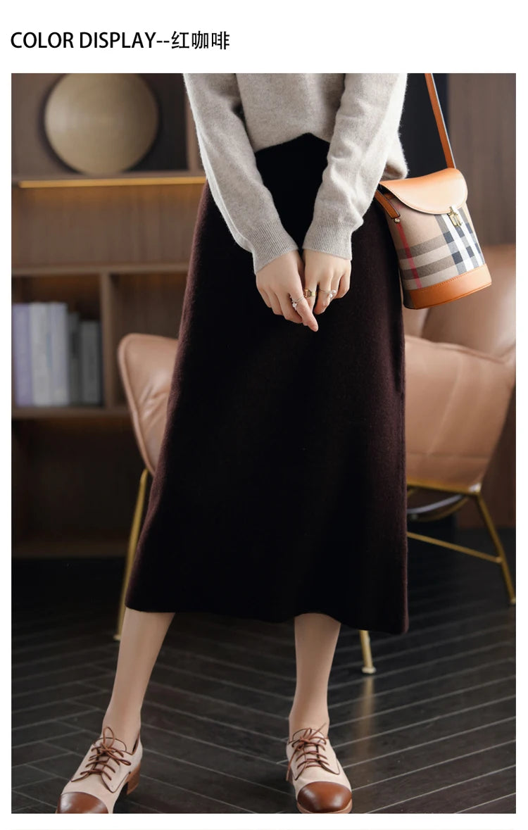 Pure Wool High Waist Knit A-Line Midi Skirt for Women