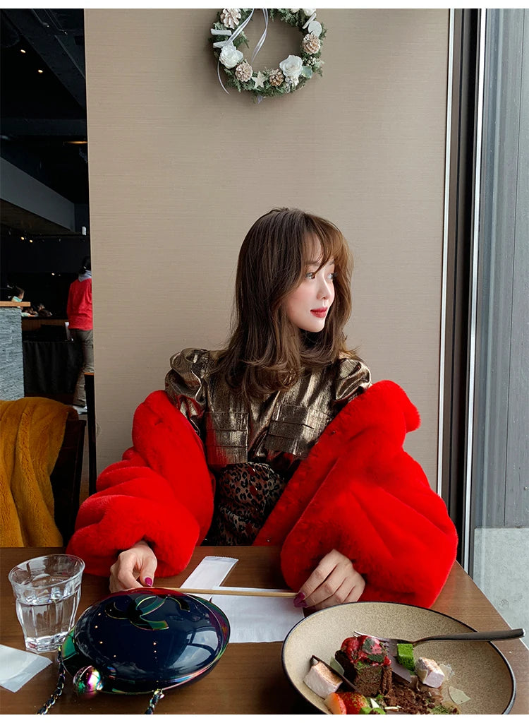 Soft Warm Fluffy Oversized Red Raglan Long Faux Fur Coat for Women