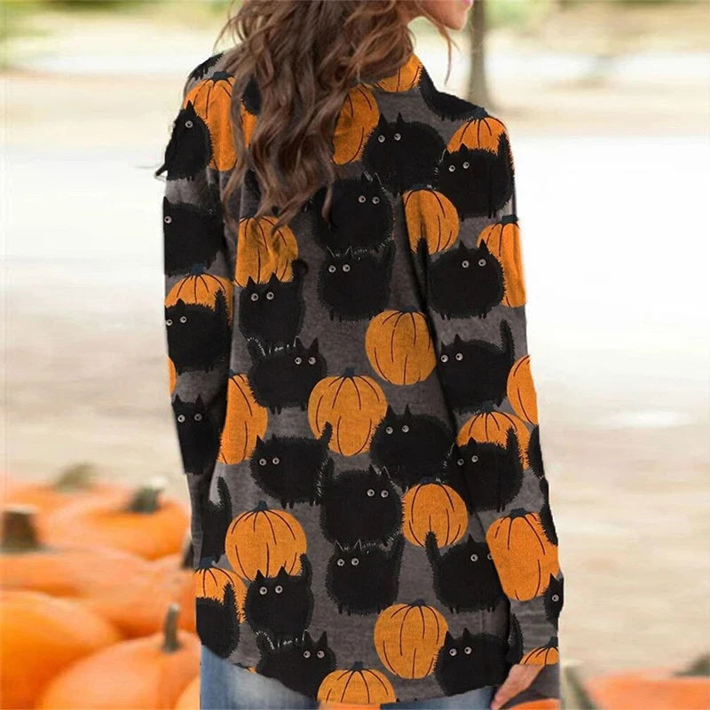 Skull Pumpkin Print Open Front Long Cardigan for Women