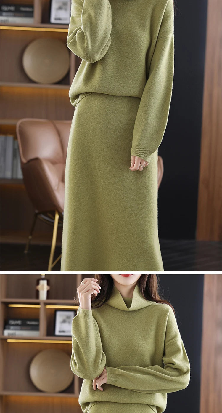 Wool Cashmere Knit Sweater and Skirt Two Piece Set for Women