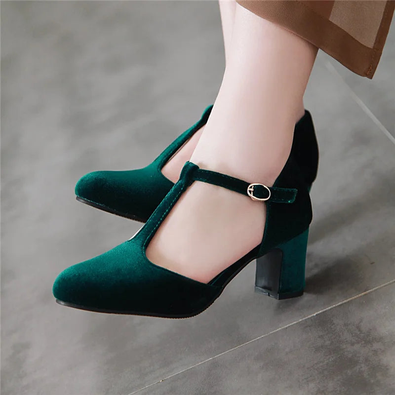 Velvet T Strap Square Heel Mary Janes