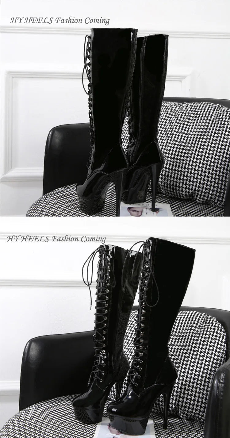 Gladiator Style Knee Length Leather Boots With Lace Up For Women