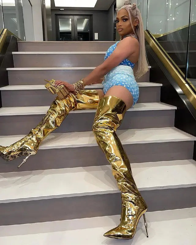 Gold Patent leather Over The knee Boots Sexy Metal Heel Stiletto  Women Thigh High Crotch Boots Pointed Toe High Heel Shoe 35-44