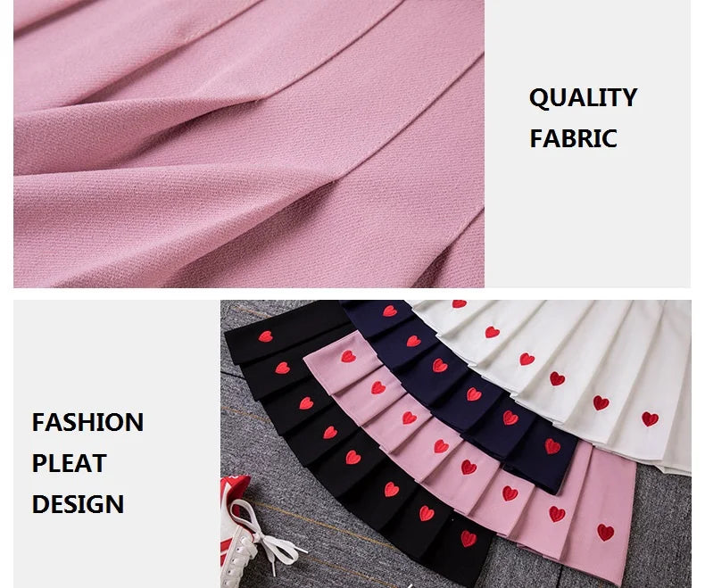 Black Heart Embroidery Pleated Mini Skirt Women Summer Girl High School Student Skirt Sweet High Waist Skirt Aline Saia Feminina