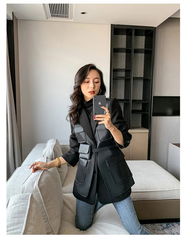 Black Patchwork Faux Leather Jacket With Pockets For Women