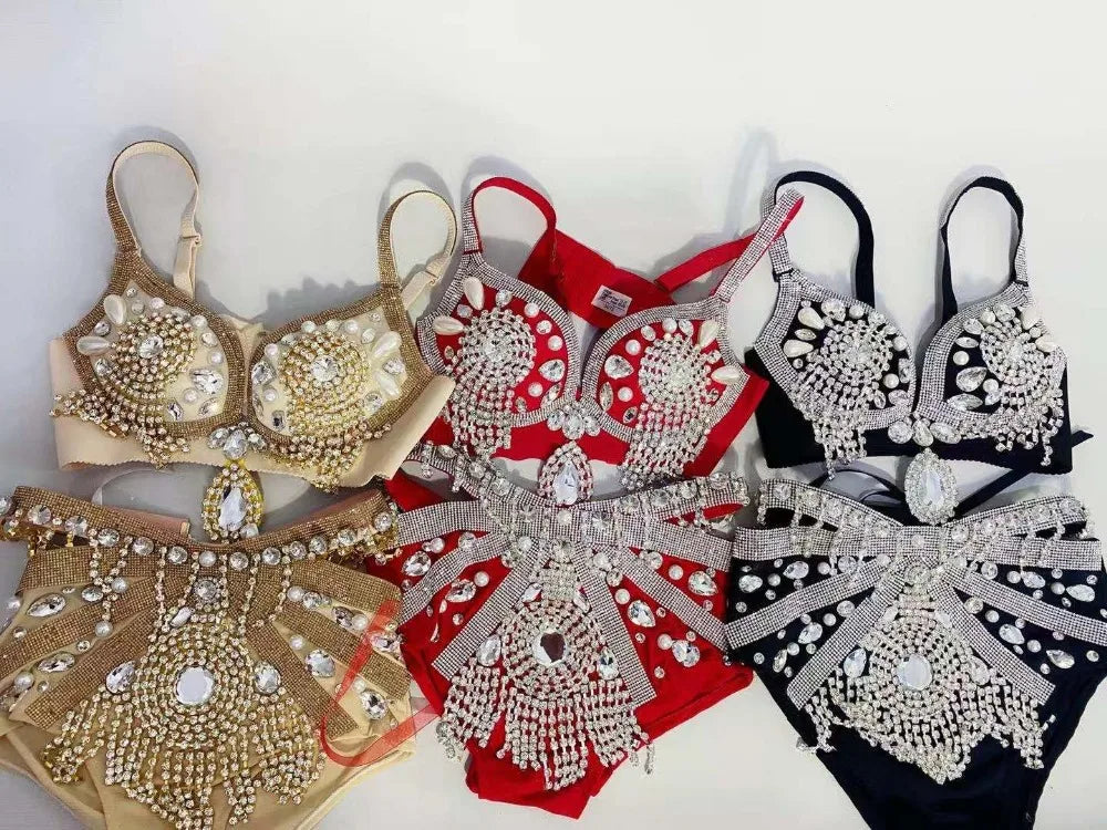 Gold Rhinestone Belly Dance Bikini Costume for Women