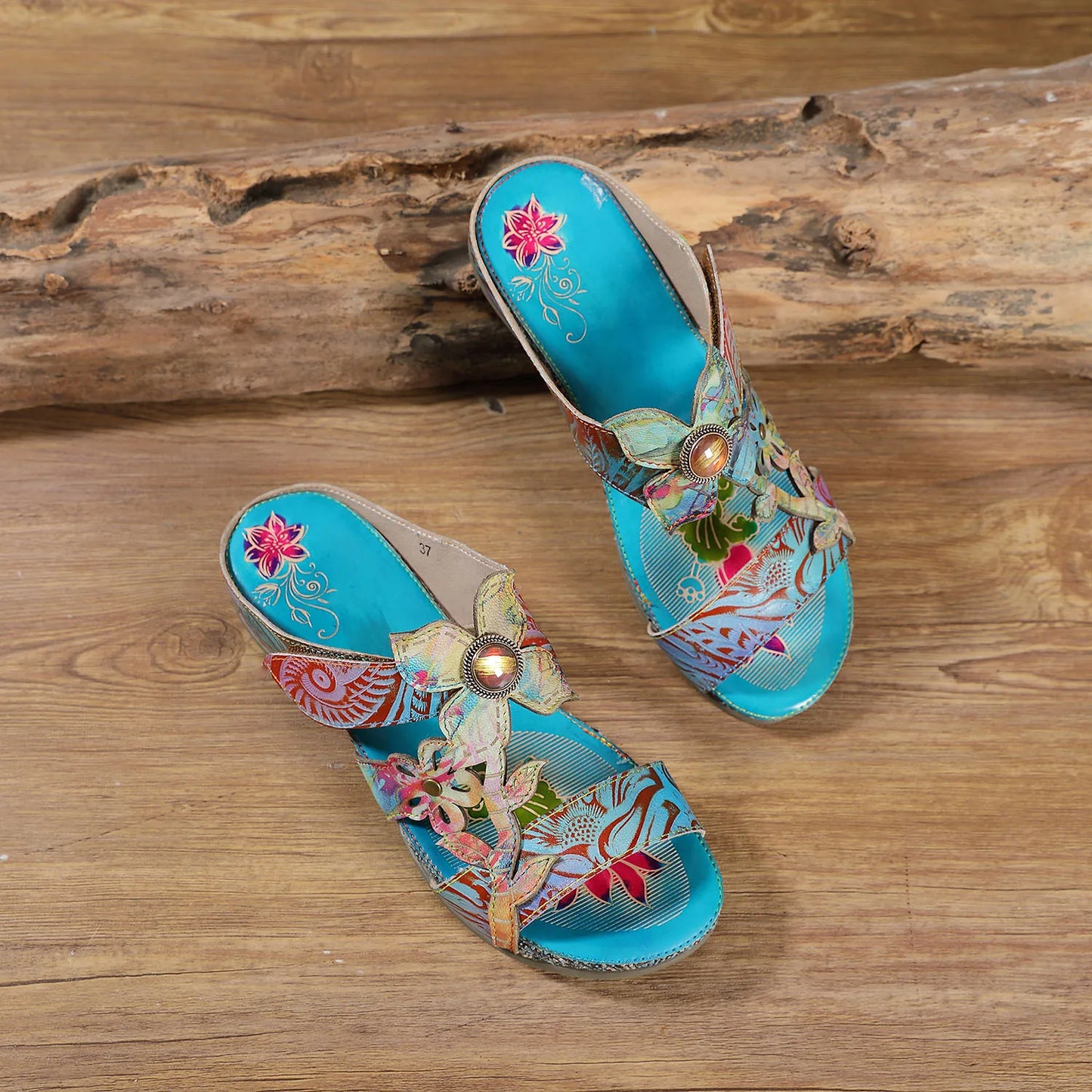 Hand Painted Genuine Leather Outdoor Summer Slides for Women