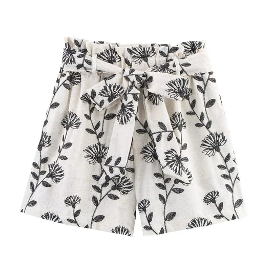 PB&ZA Women 2025 New Chic Fashion Embroidered Paper Bag Style Casual Shorts Skirts Vintage High Waist Female Skorts Mujer
