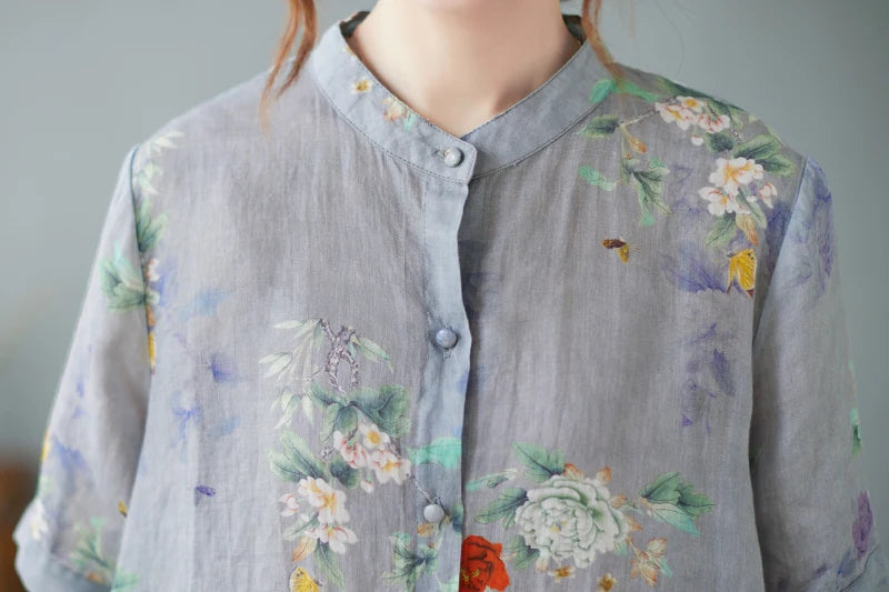 Relaxed Fit Floral Print Cotton Linen Short Sleeve Shirt for Women