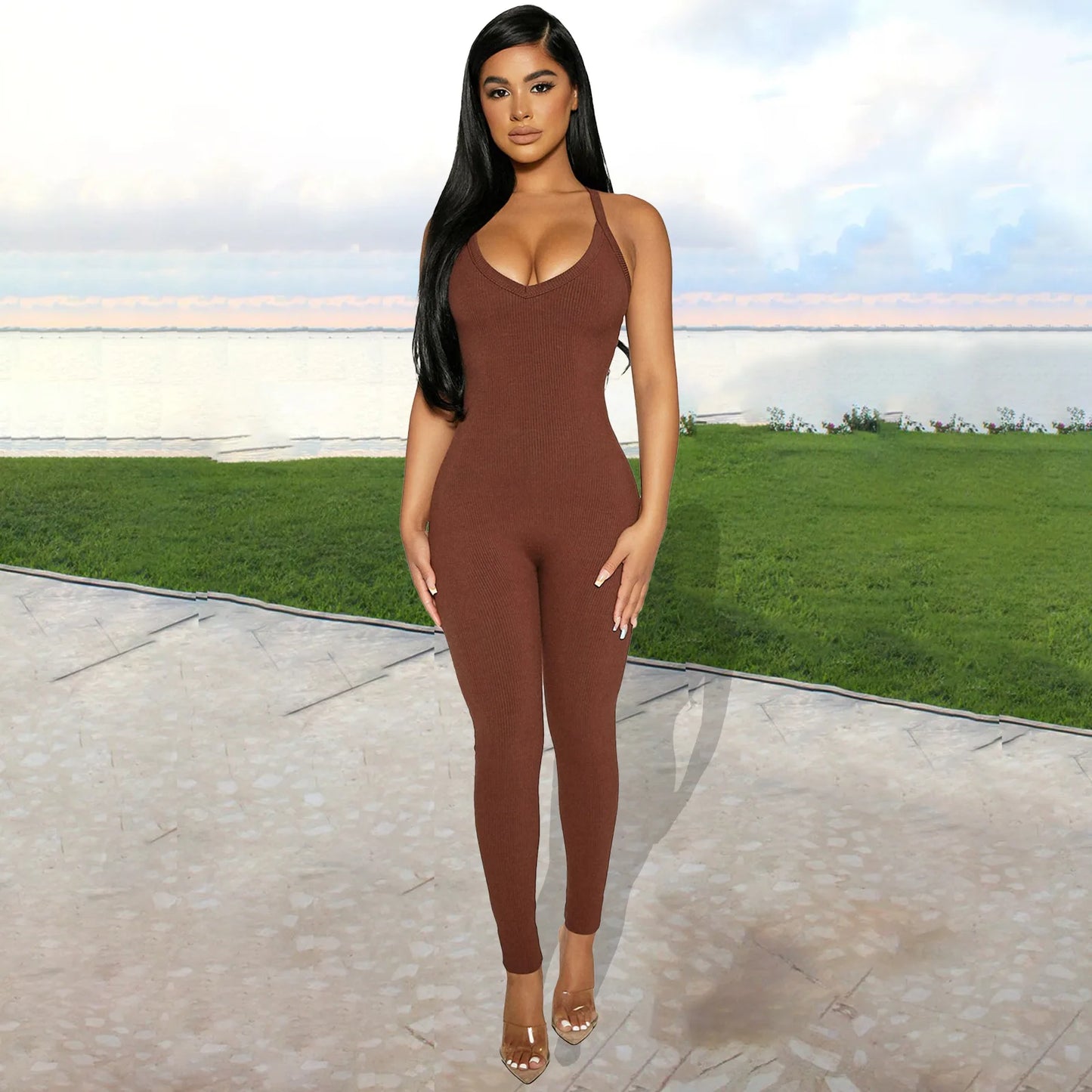 Sleeveless V Neck Criss Cross Back Jumpsuit For Women