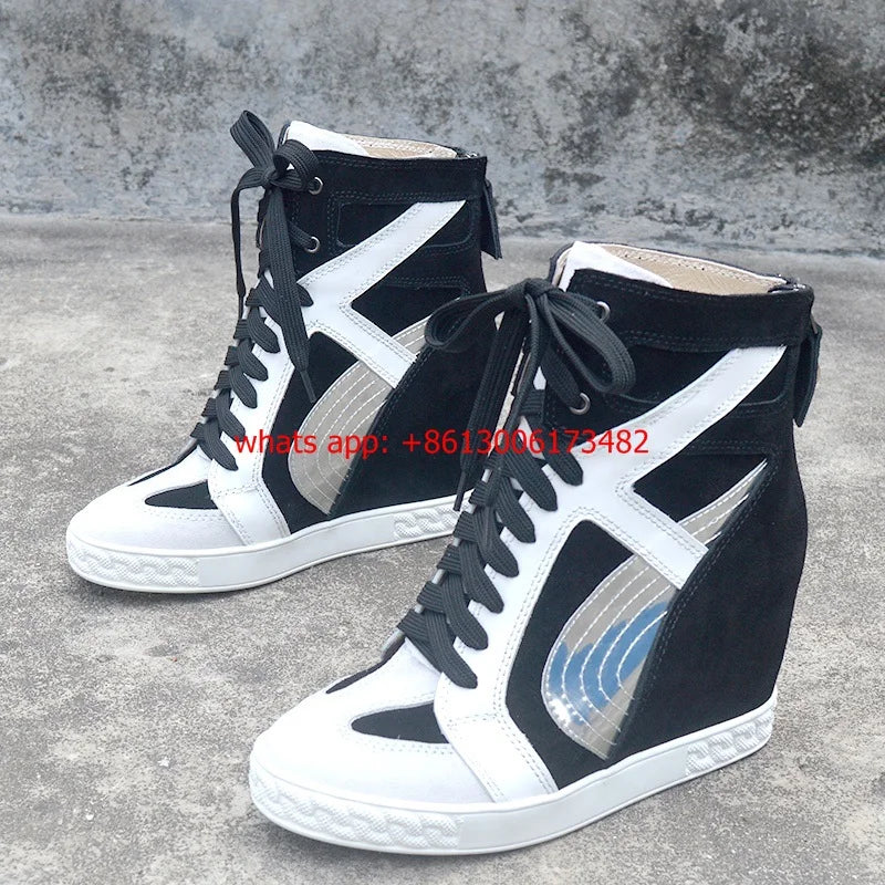 White And Black Inner Wedge Lace Up High Top Sneakers For Women