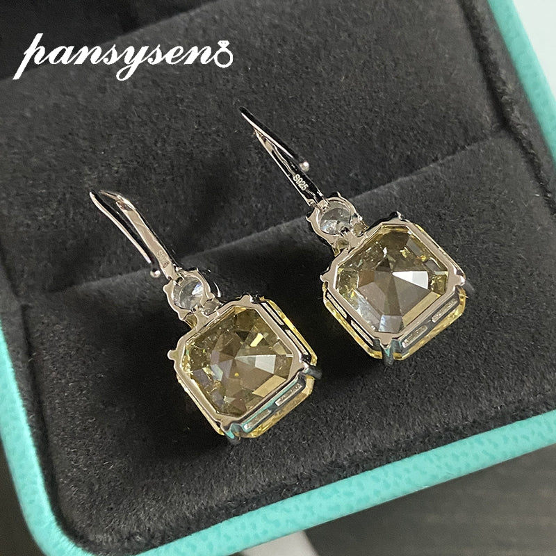 PANSYSEN 925 Sterling Silver Asscher Cut Simulated Moissanite Citrine Gemstone Drop Earrings for Women Wedding Fine Jewelry Gift