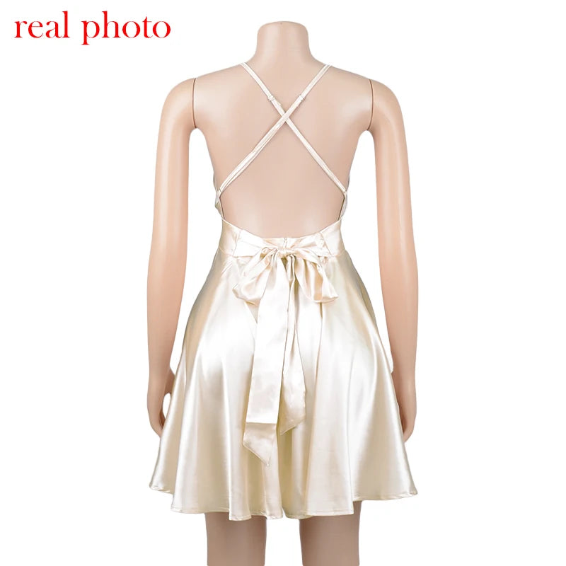 Cryptographic Satin Sexy Backless Sleeveless Party Night Club Wrap Mini Dresses Spaghetti Straps Elegant Dress Solid Vestidos