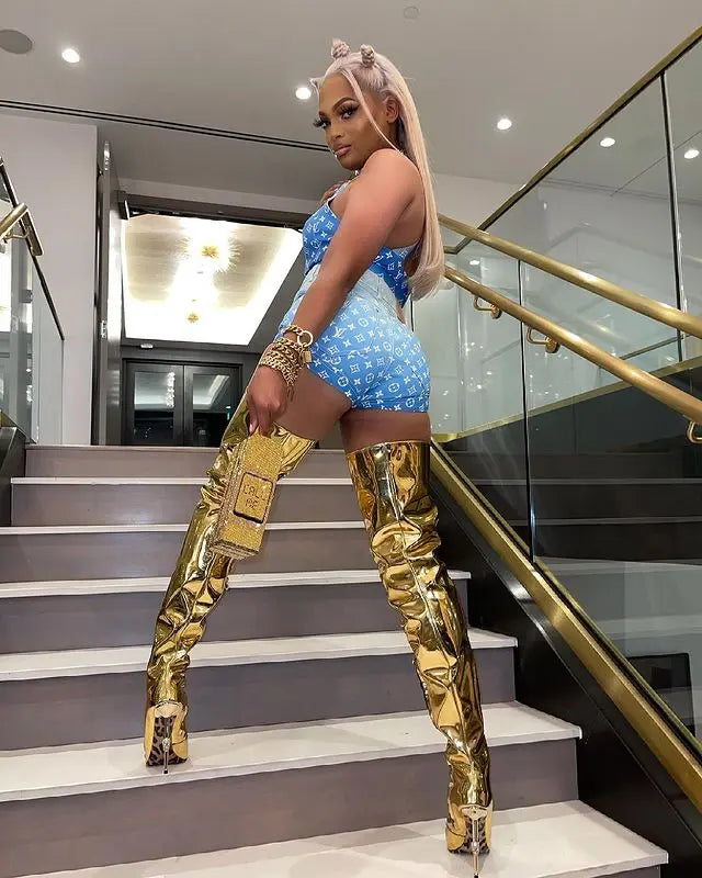 Gold Patent leather Over The knee Boots Sexy Metal Heel Stiletto  Women Thigh High Crotch Boots Pointed Toe High Heel Shoe 35-44