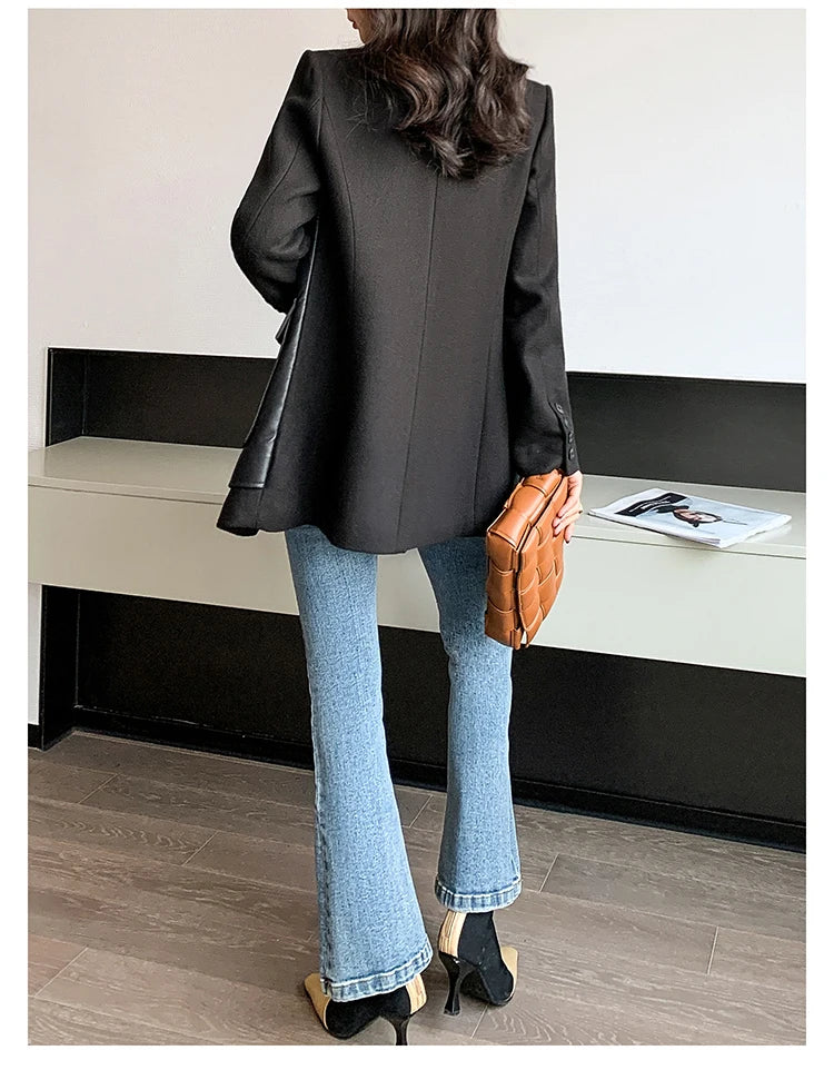 Black Patchwork Faux Leather Jacket With Pockets For Women