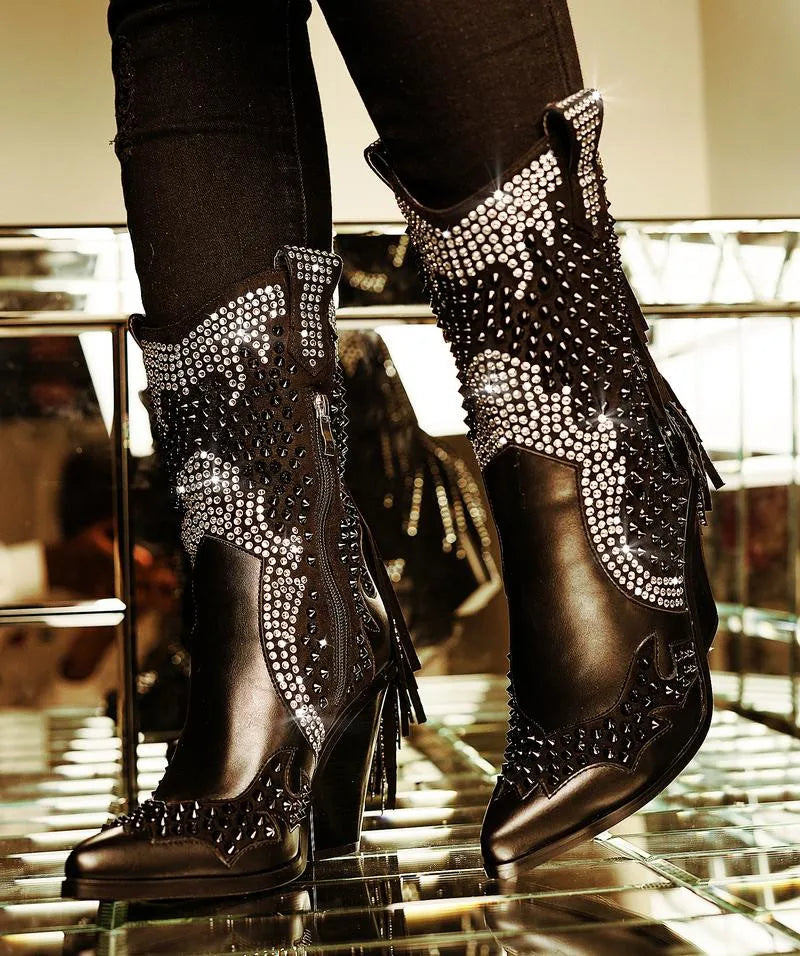 Western Rhinestone Fringe Over The Knee Boots For Women