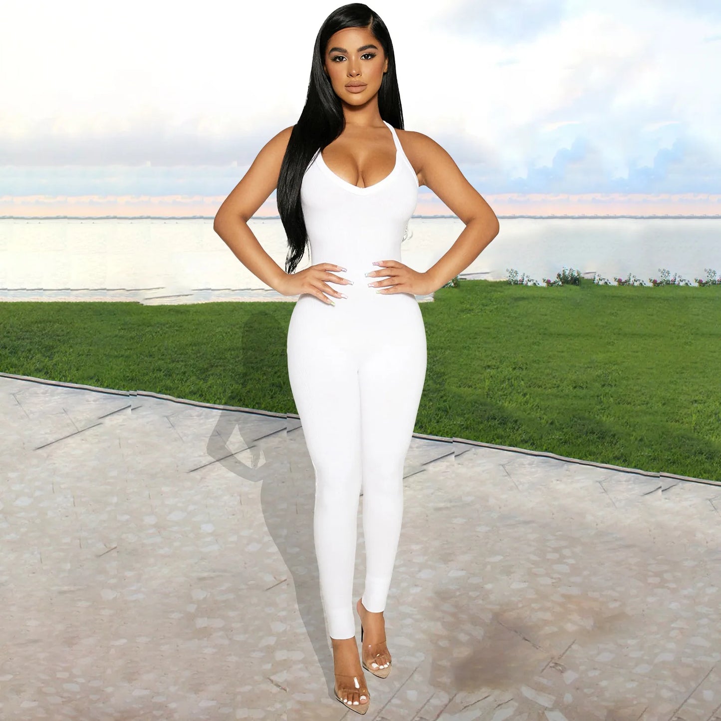 Sleeveless V Neck Criss Cross Back Jumpsuit For Women