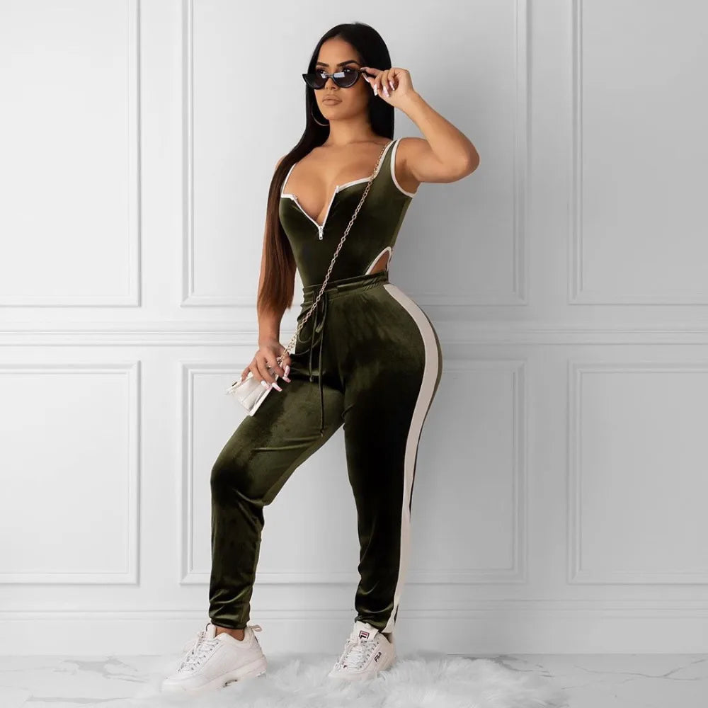 Velvet V-Neck Two Piece Top and Pants Set for Women
