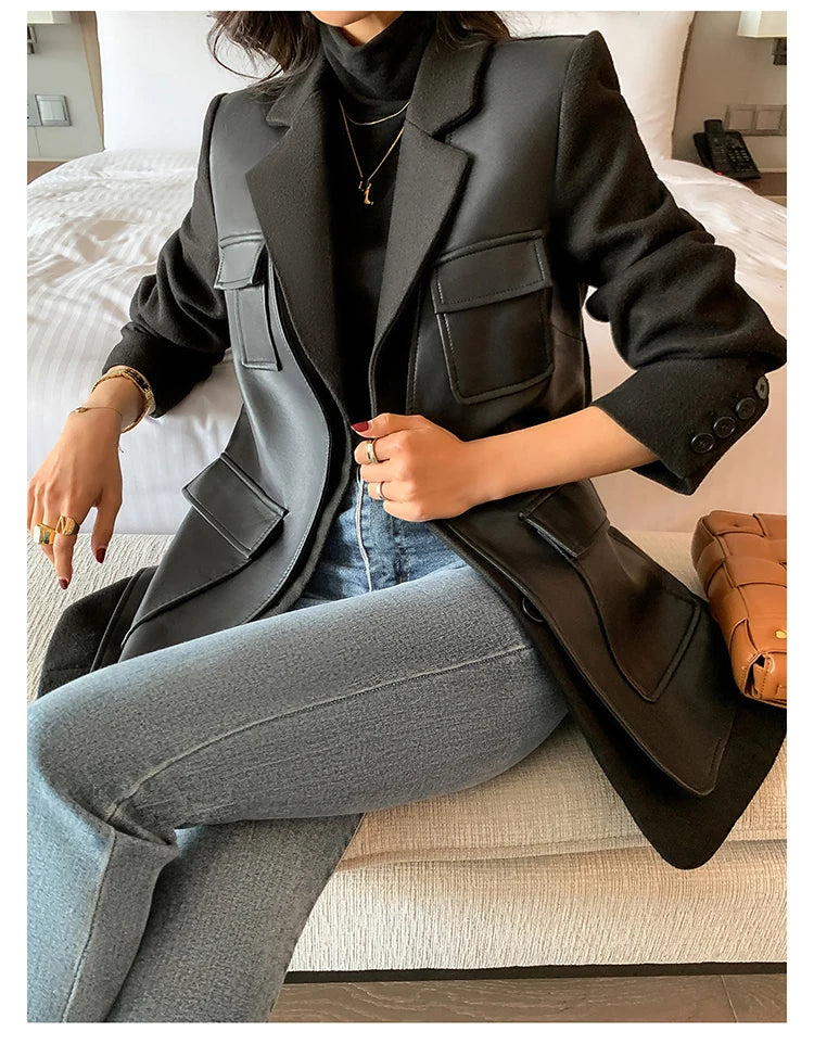 Black Patchwork Faux Leather Jacket With Pockets For Women