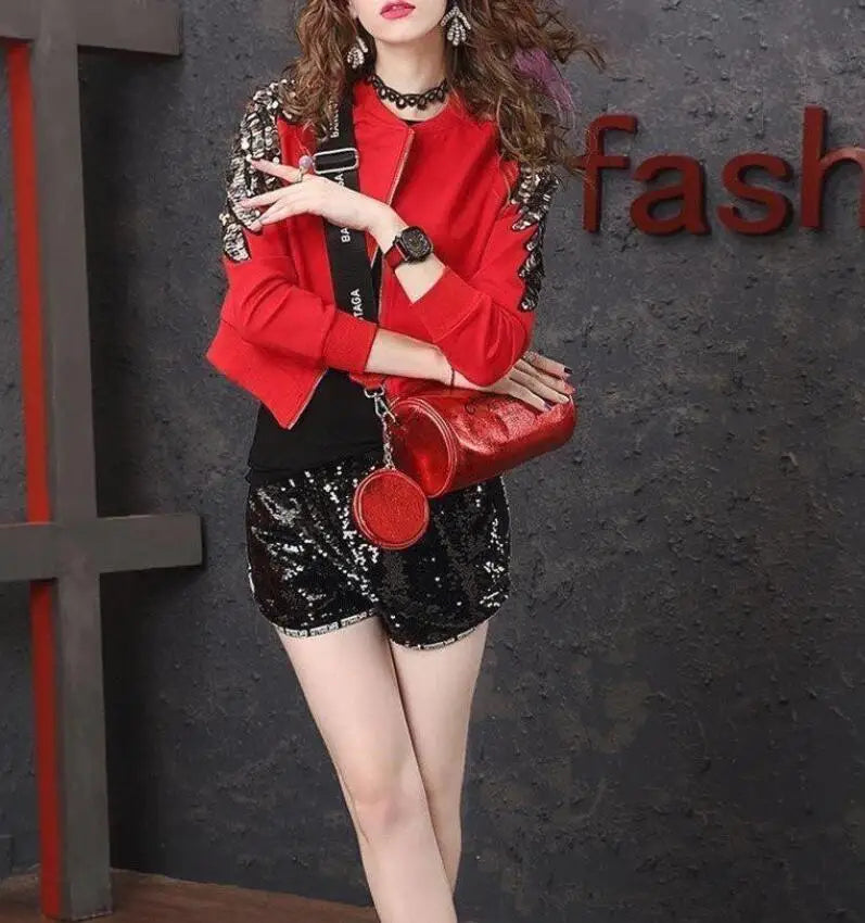 Red Sequined Beaded Elastic Lightweight Short Jacket for Women