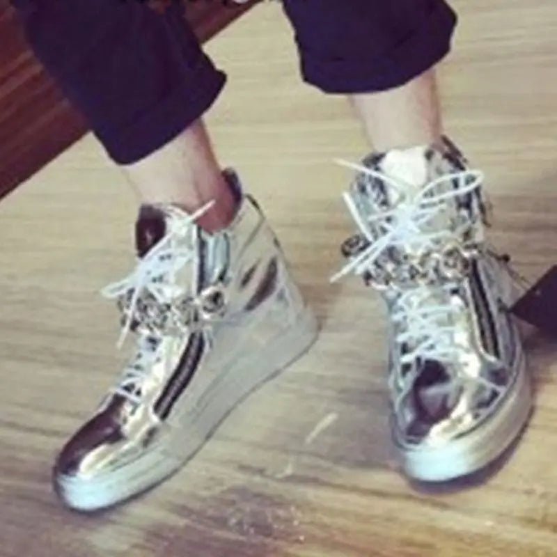 Metallic Chain Lace Up Casual Leather Flats for Women
