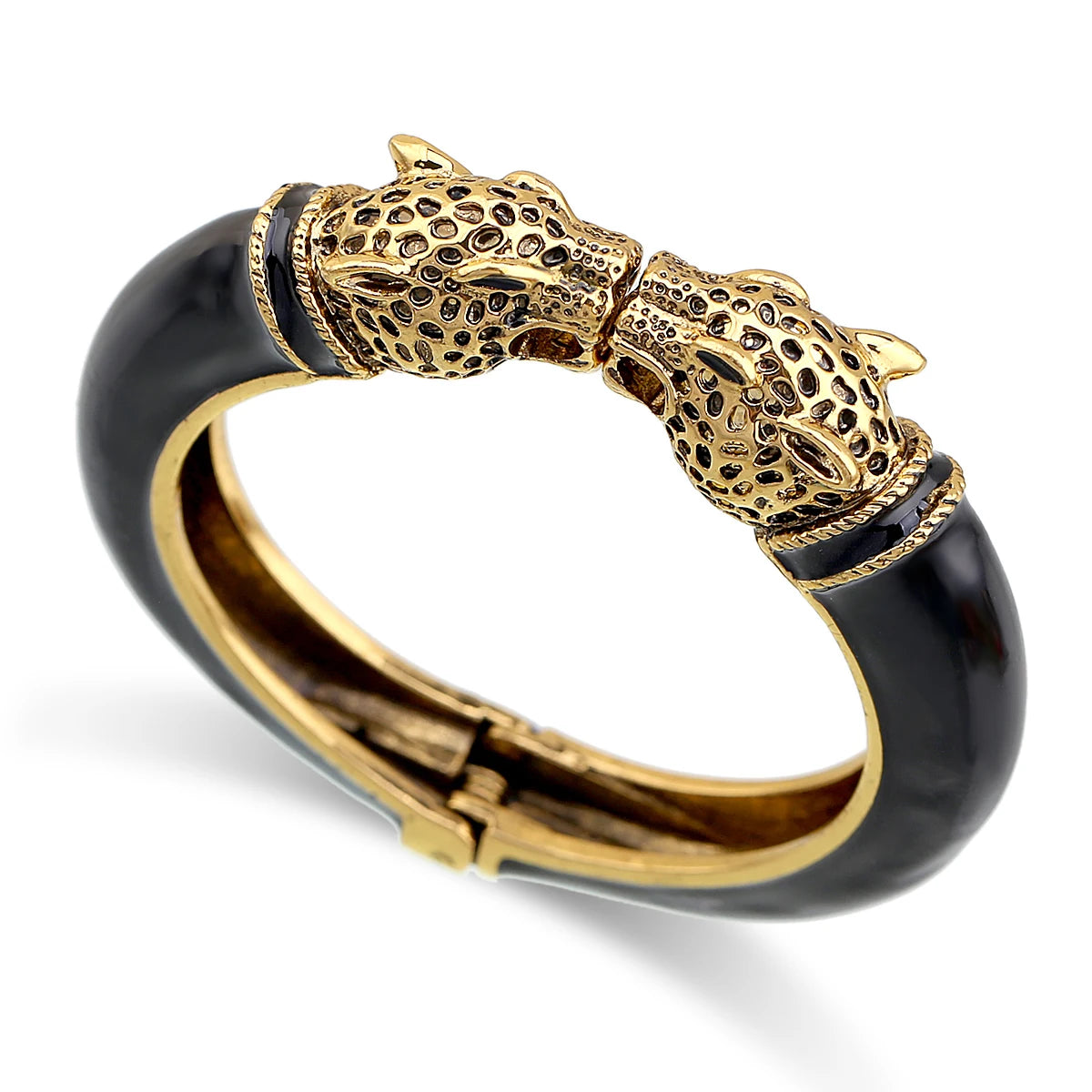Double Leopard Head Enamel Cuff Bracelet for Women