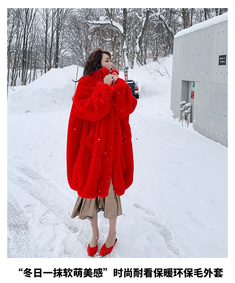 Soft Warm Fluffy Oversized Red Raglan Long Faux Fur Coat for Women