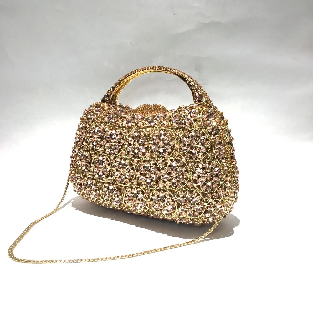 Women Champagne/Blue Color Stone Evening Bags Purses and Handbags Wedding Party Dinner Crystal Flower Clutch Bags Minaudiere Bag