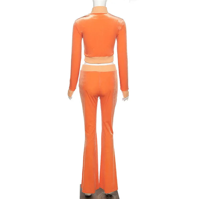 Zippered Turtleneck Velour Two Piece Wide Leg Set for Women
