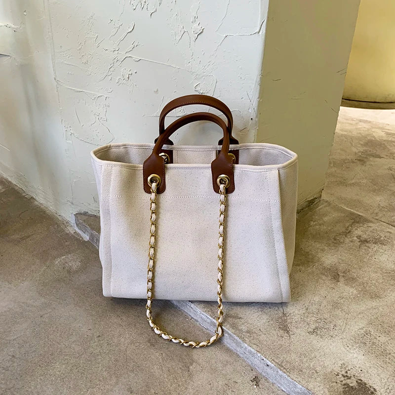New Women Tote Bag Fashion Canvas Large Handbag Chains Genuine Leather Shoulder Bags Ladies Big Messenger Bag Shopping Bag