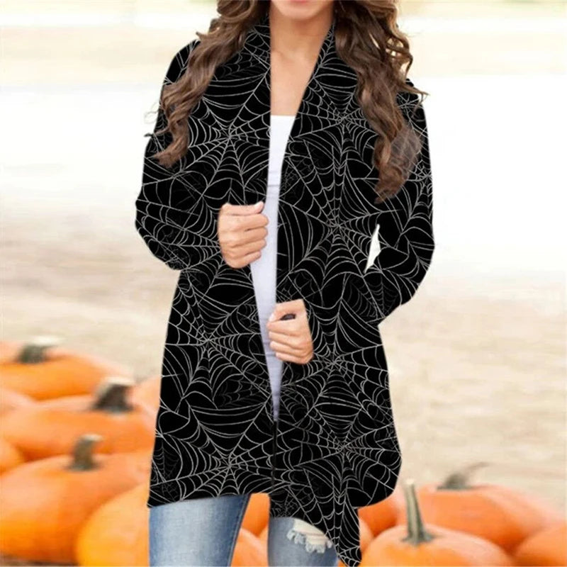 Skull Pumpkin Print Open Front Long Cardigan for Women