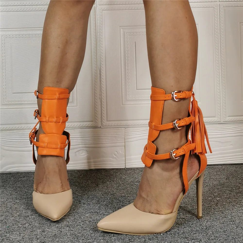 Orange Tassel Pointed Toe High Heel Casual Sandals for Women