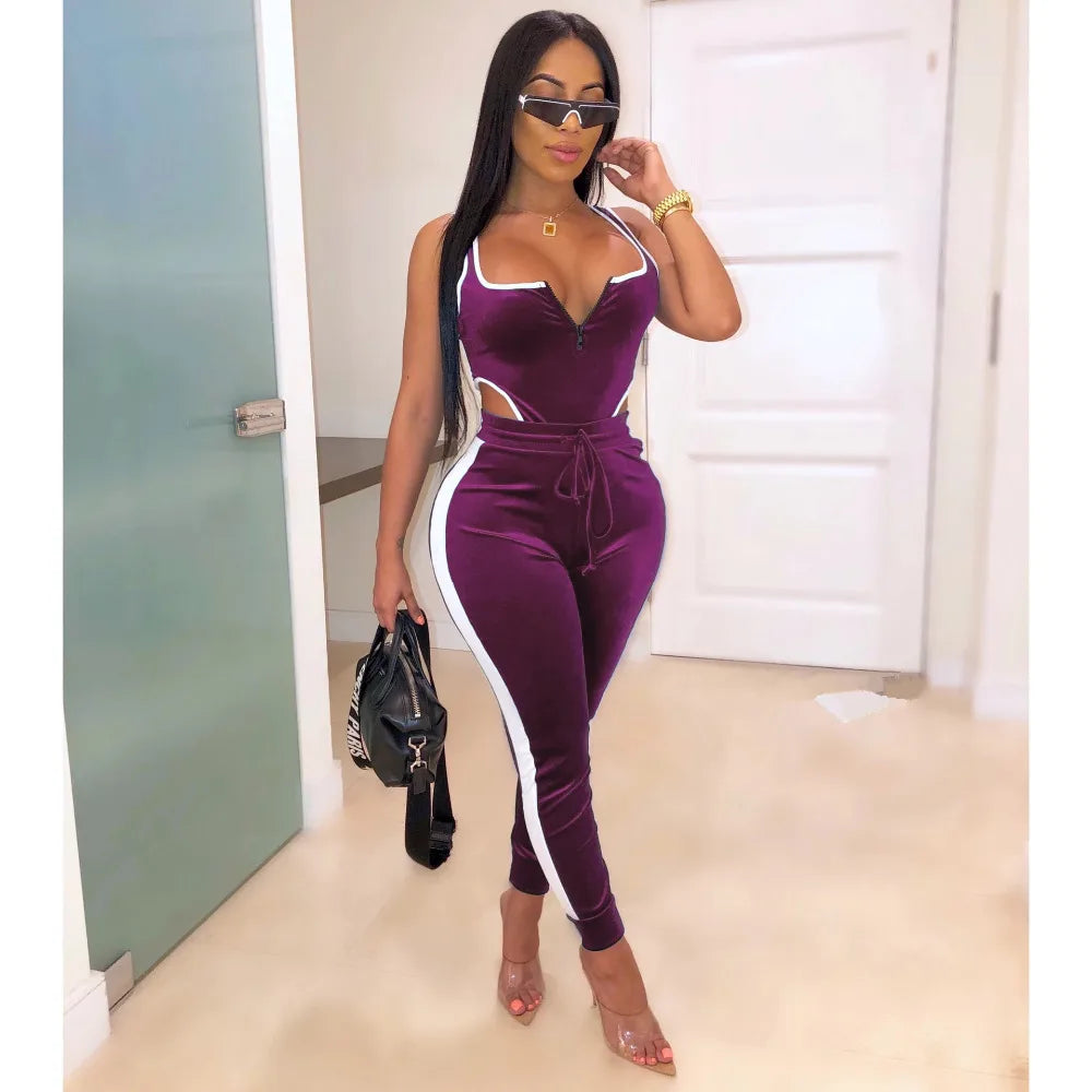 Velvet V-Neck Two Piece Top and Pants Set for Women