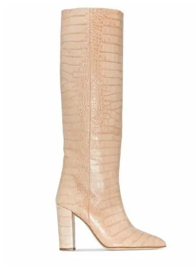 Pointed Toe Slip On Leather Knee High Boots for Women