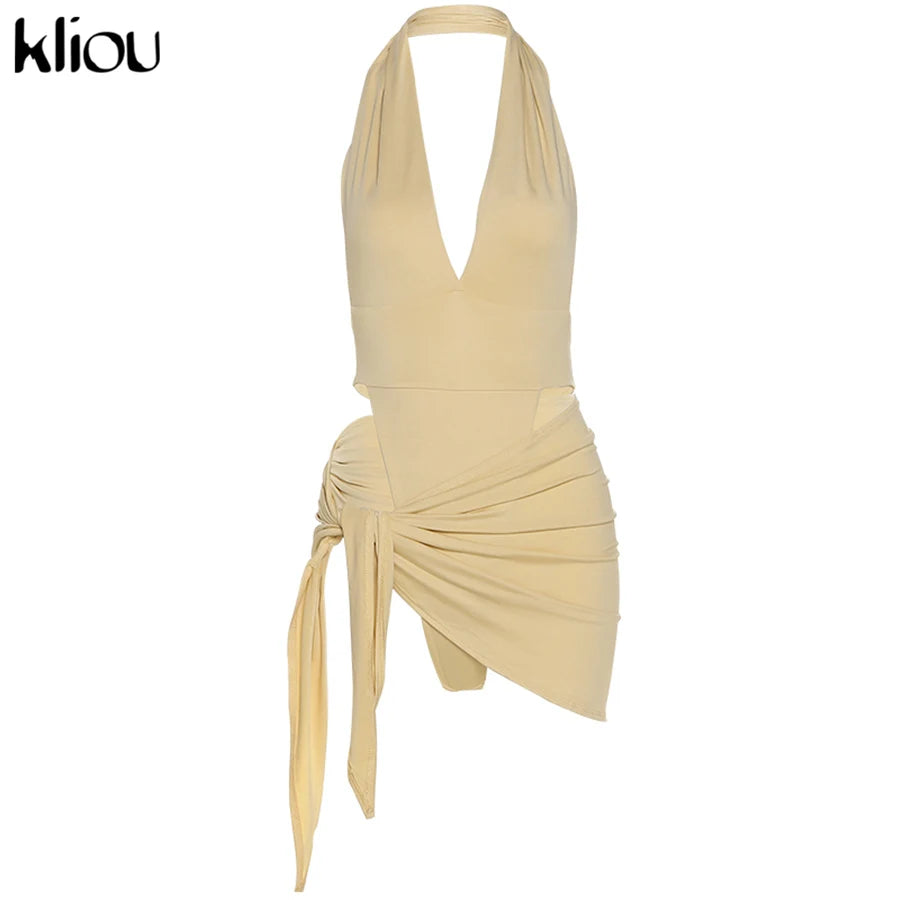 Deep V Neck Backless Halter Two Piece Skirt Set for Women