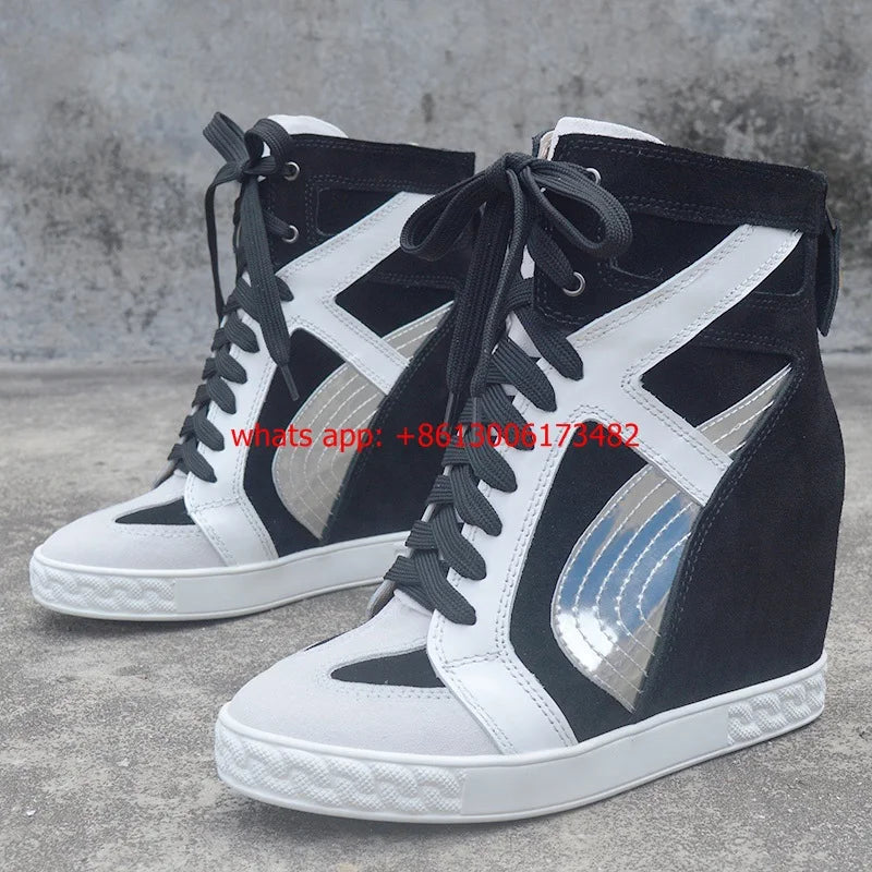 White And Black Inner Wedge Lace Up High Top Sneakers For Women